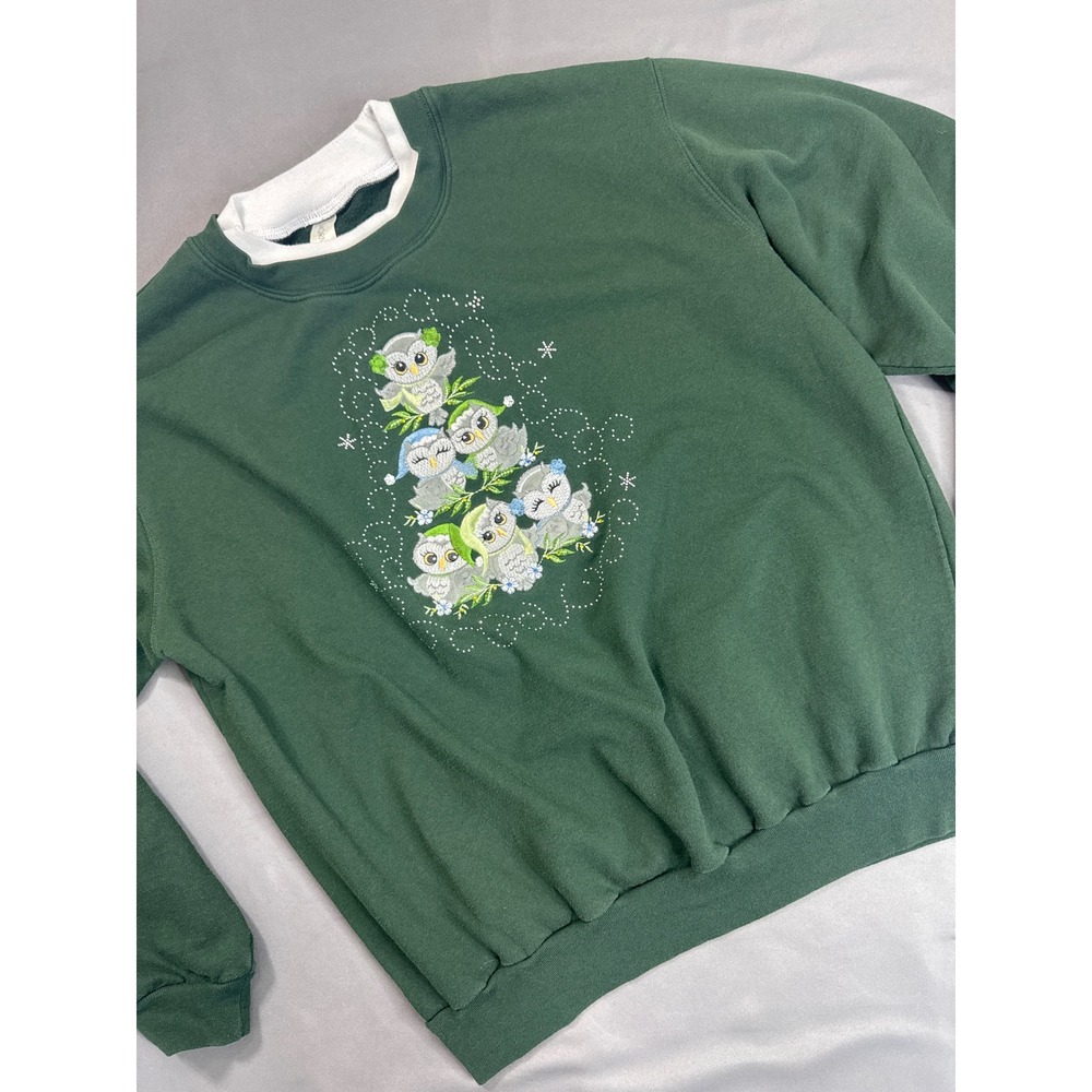 Morning Sun Green Embroidered Owl Stack Double Collar Sweatshirt L Vtg 90s